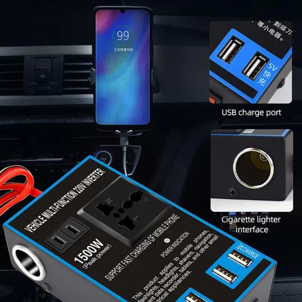 ⁦محول سيارة مع محول USB ومقبس منزلي 220 فولت - 1500 واط⁩ - الصورة ⁦3⁩